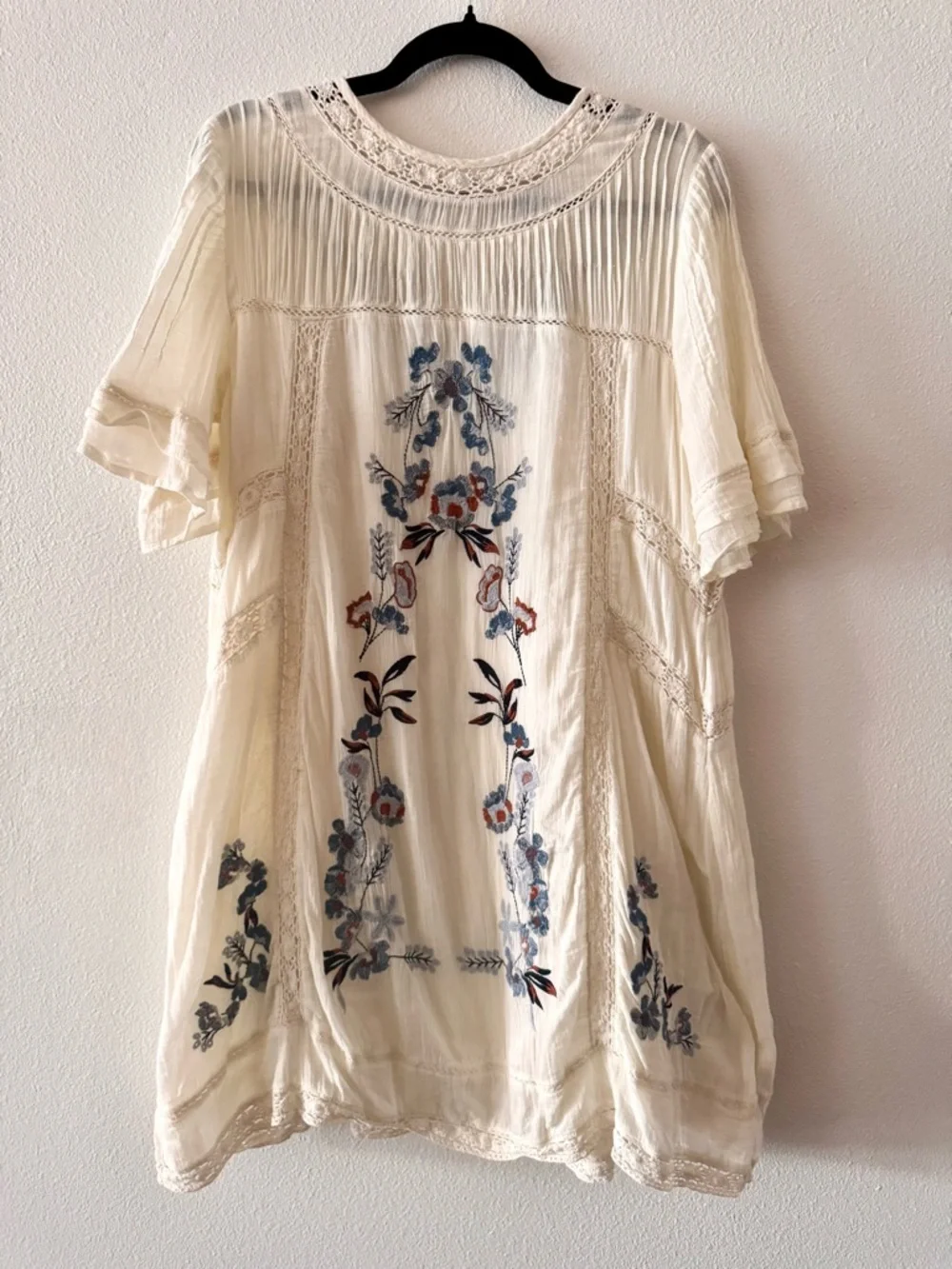 Free People Ivory Floral Embroidered Women's Boho Dress Size L - Picture 1 of 6